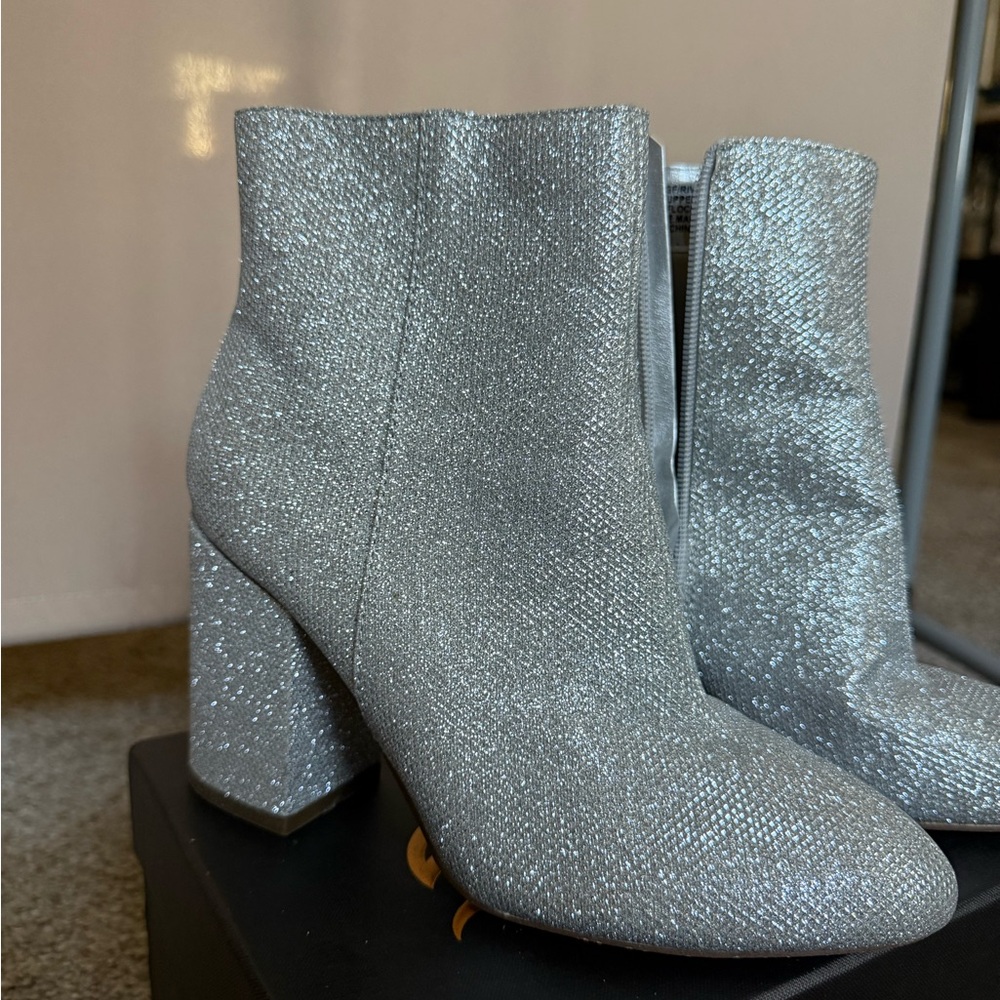 Madden Girl Silver Glitter Block Heel Ankle Boots